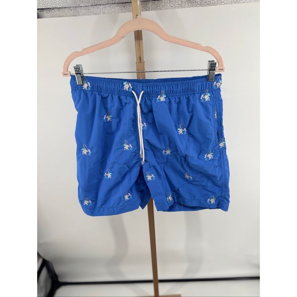 J. MCLAUGHLIN Fishing Skeleton Blue Embroidered Swim Trunk Shorts Size Medium